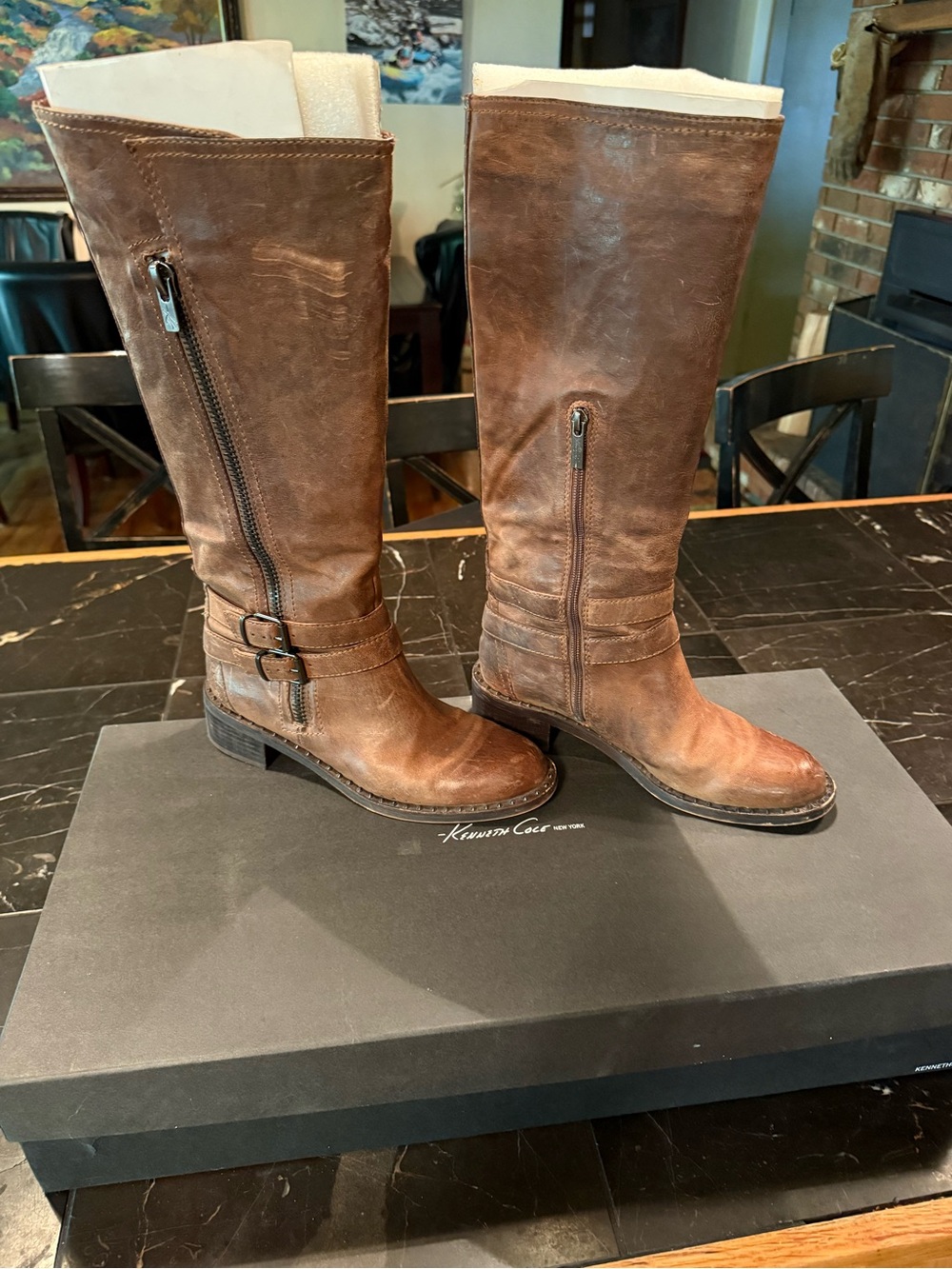 Kenneth Cole Brown Leather Knee-High Riding Boots with Side Zips